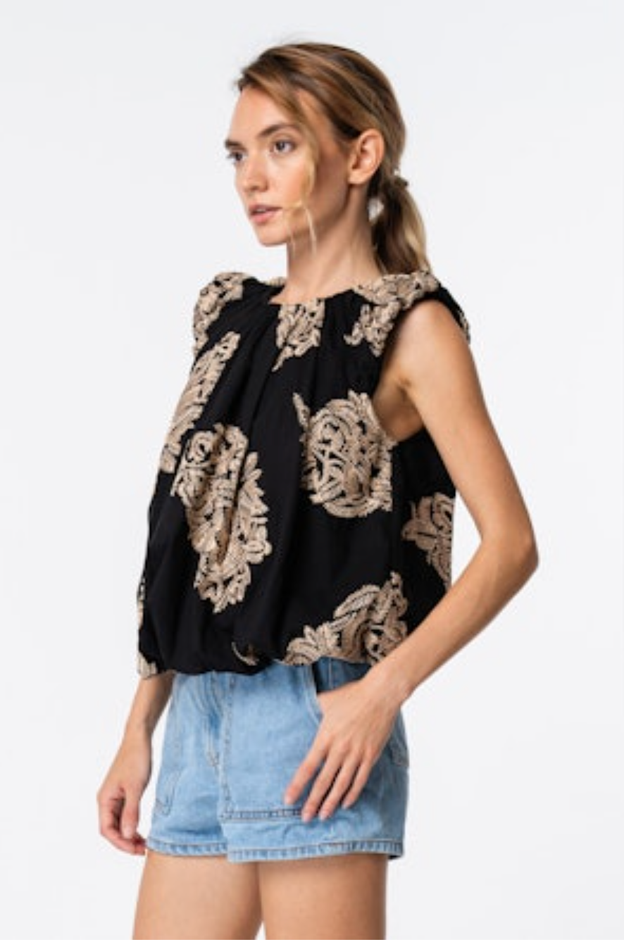 Sabrina Embroidered Bubble Sleeve Top - Black/Cream