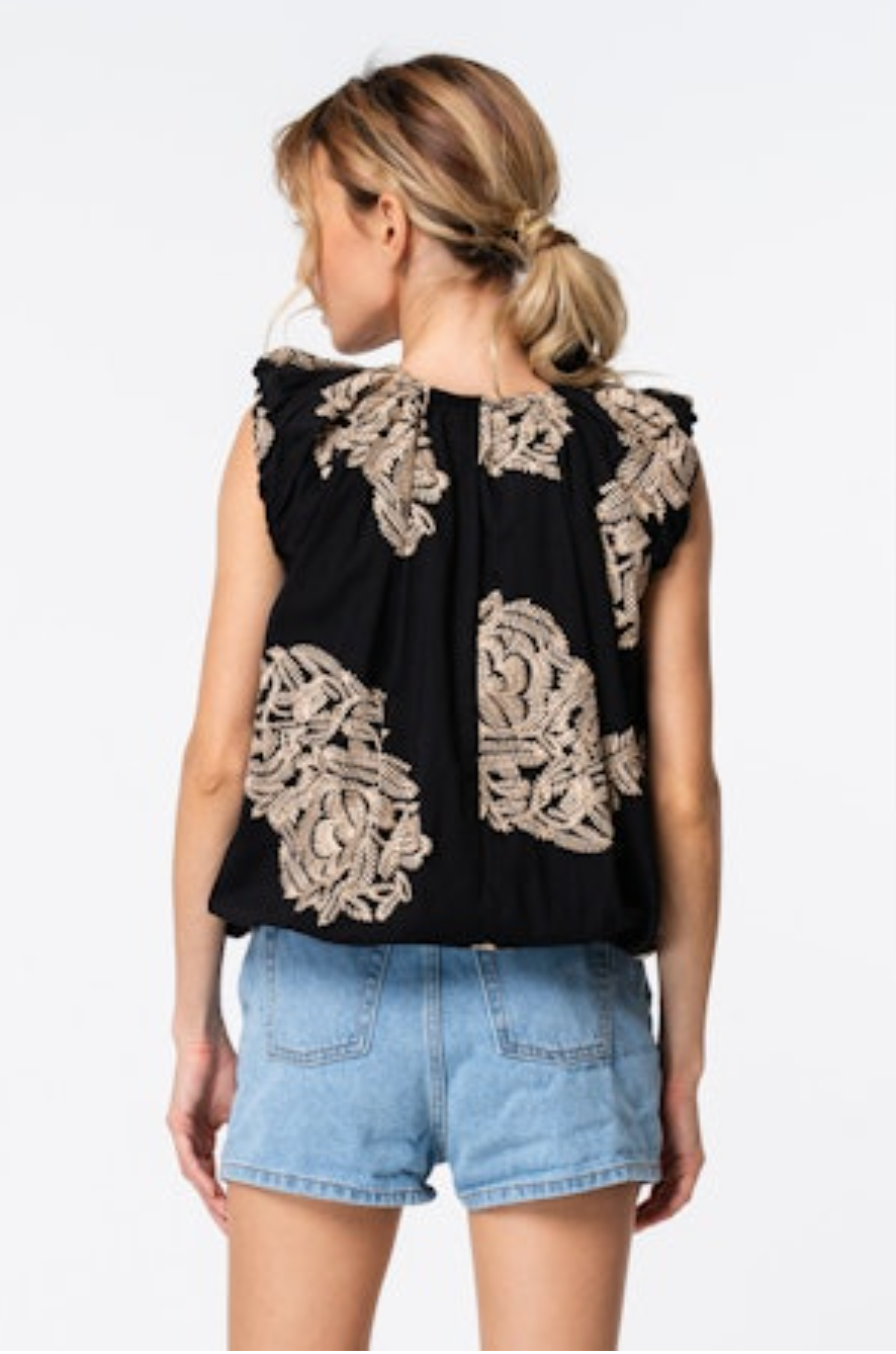 Sabrina Embroidered Bubble Sleeve Top - Black/Cream