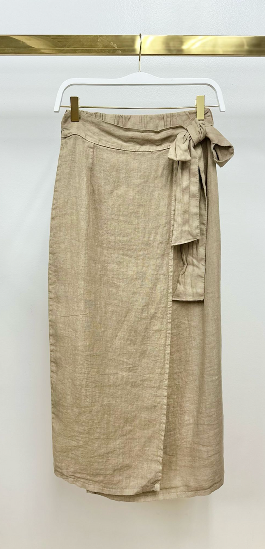 Tie Belt Wrap Linen Skirt - Earth Beige