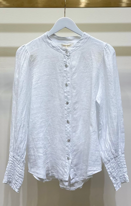 Stand Collar Linen Button Down Shirt with Smocked Cuff - White
