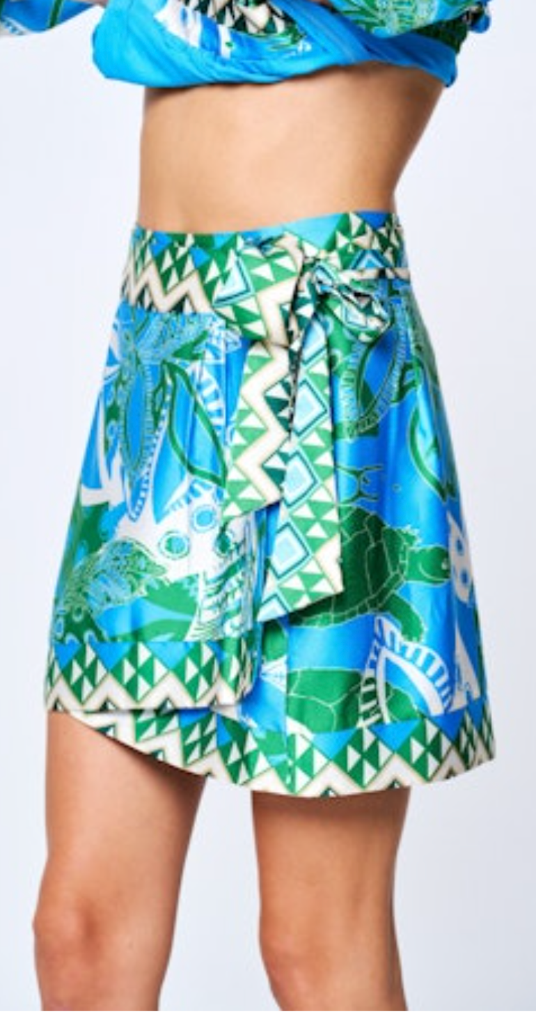 Jenisha Turtle Printed Wrap Mini Skirt - Blue