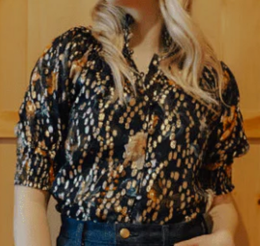 Gathered Button Down Top - Dark Floral