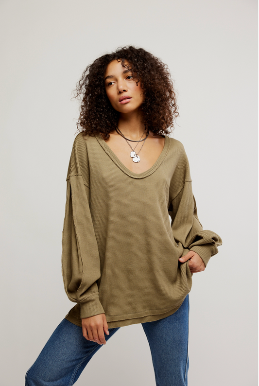 Free People Coast 2 Coast Thermal Top - Gothic Olive Cross Dye