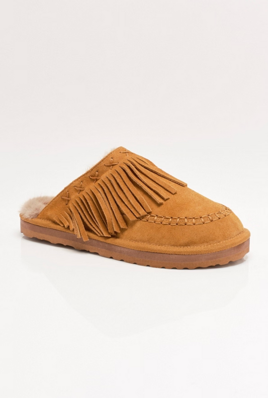 Free People Fallon Fringe Mule Shoes - Toffee Suede