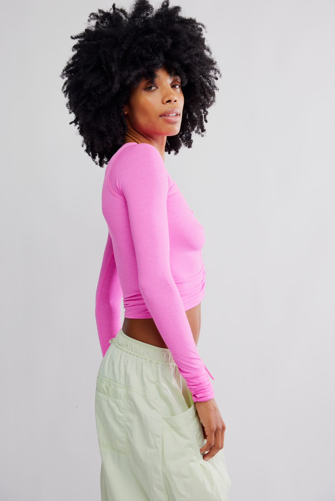 Free People Tempo Ruched Long Sleeve Shirt - Fuchsia Flirt