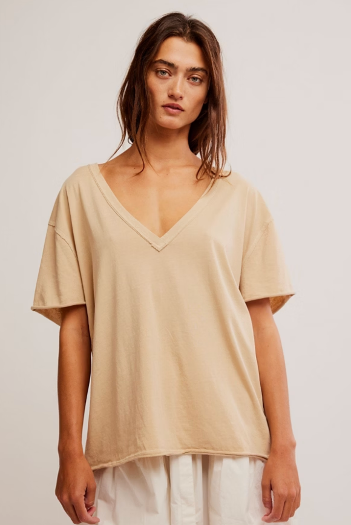 Free People Nina V-Neck Tee Shirt - Oat Latte