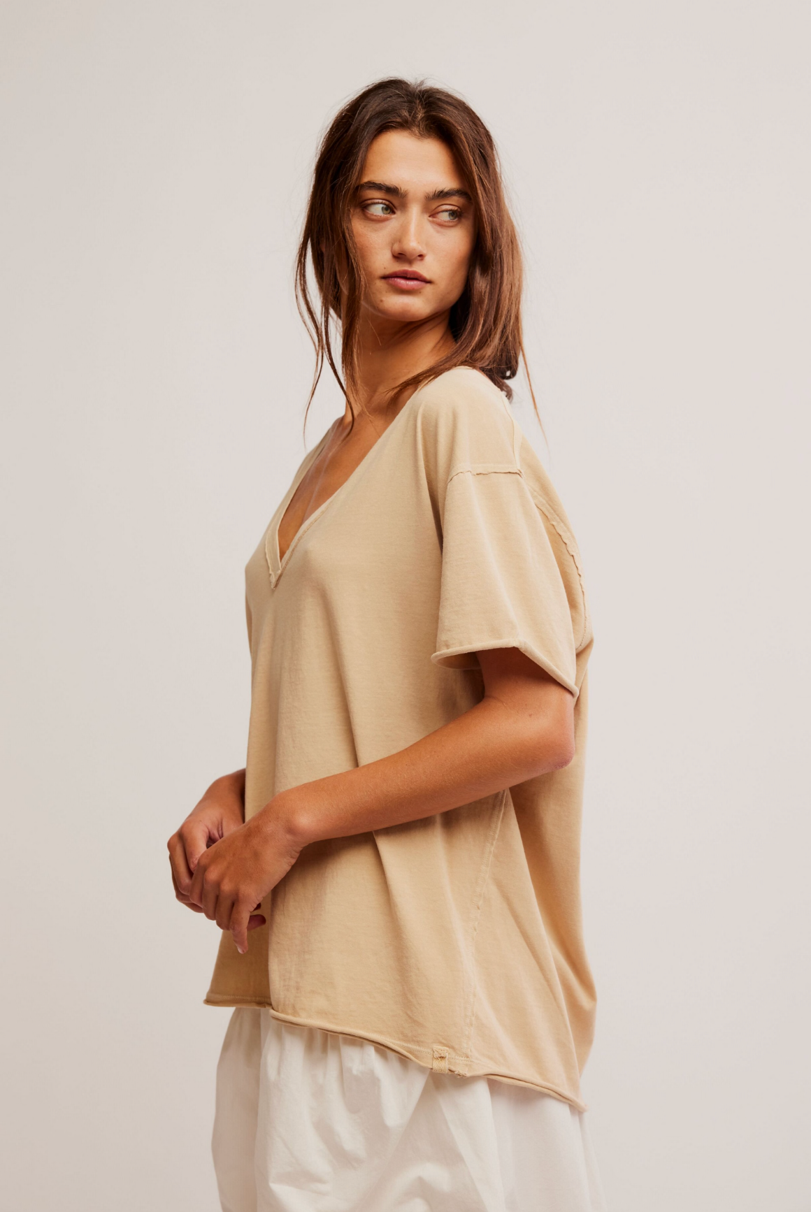 Free People Nina V-Neck Tee Shirt - Oat Latte