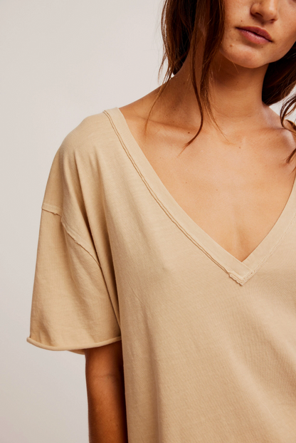 Free People Nina V-Neck Tee Shirt - Oat Latte