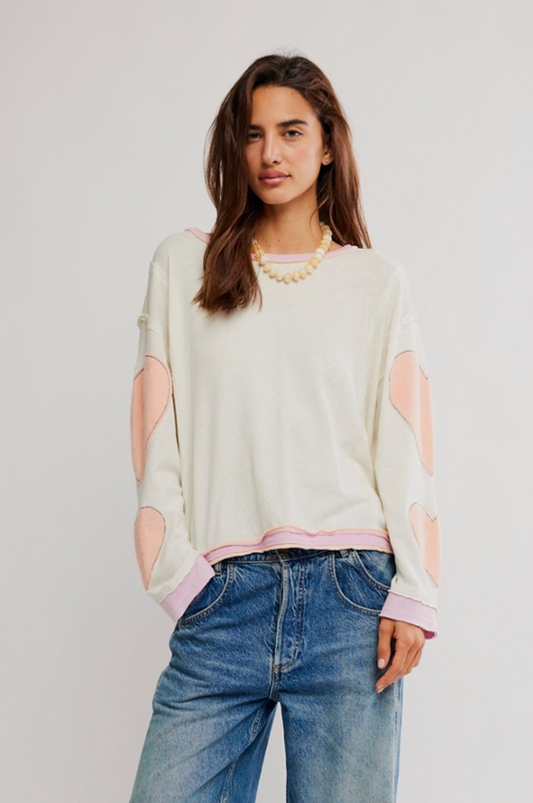 Free People You're A Star Long Sleeve Tee Shirt - Mint Heart Combo