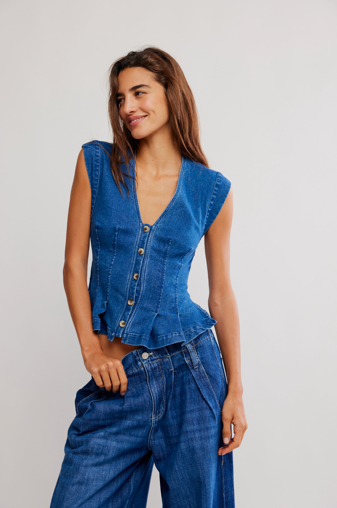 Free People Dylan Denim Vest - Medium Blue