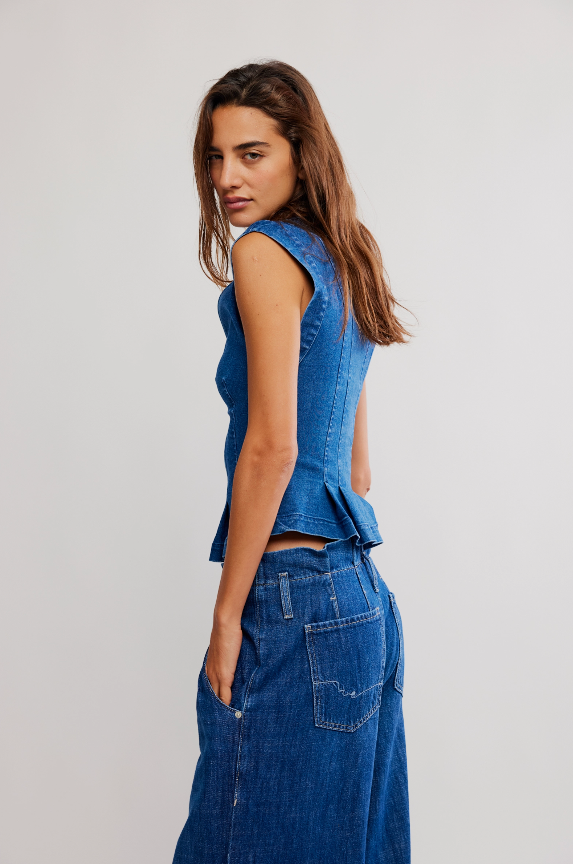 Free People Dylan Denim Vest - Medium Blue