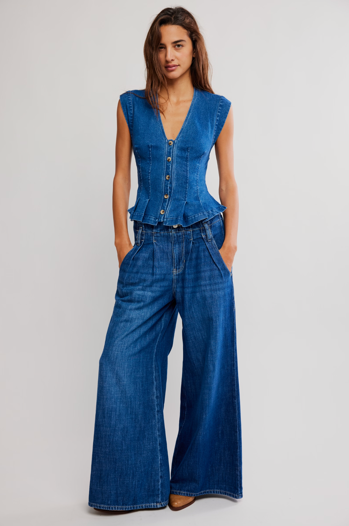 Free People Dylan Denim Vest - Medium Blue