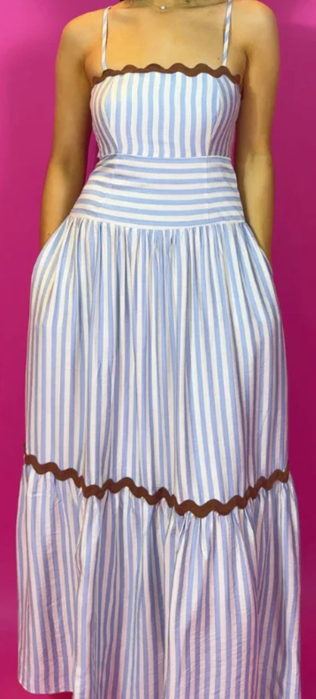 Ric Rac Striped Tiered Maxi Dress - Blue