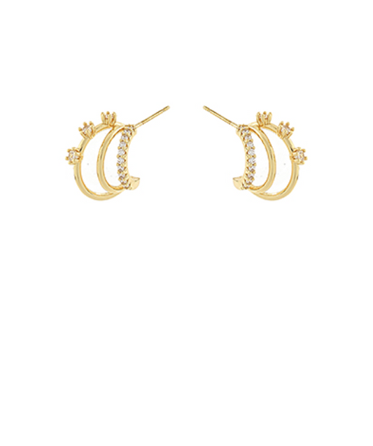 Layered Pave CZ Stud Hoop Earrings - Gold