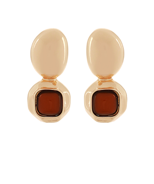 Square Dome Shape Stone & Oval Earrings - Brown/Gold