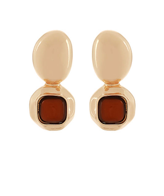 Square Dome Shape Stone & Oval Earrings - Brown/Gold