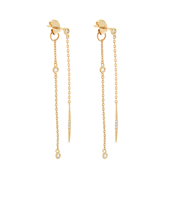 End Pave CZ Bar Chain Earrings - Gold
