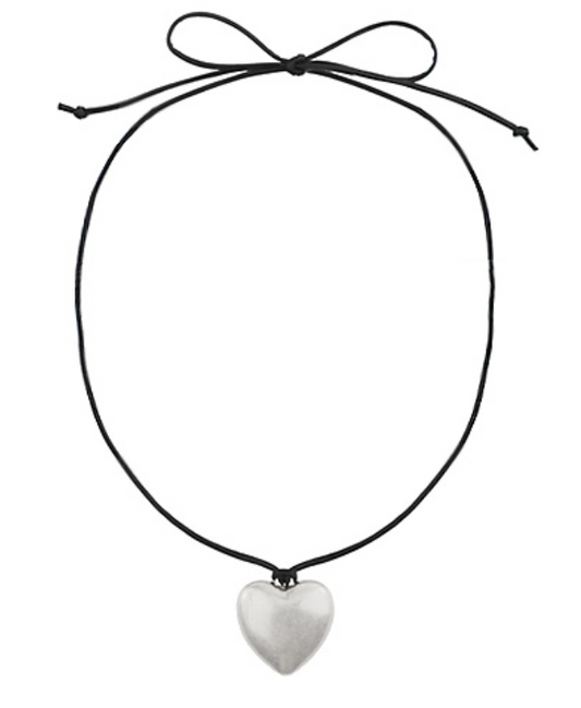 Puffy Heart Cord Necklace - Worn Silver