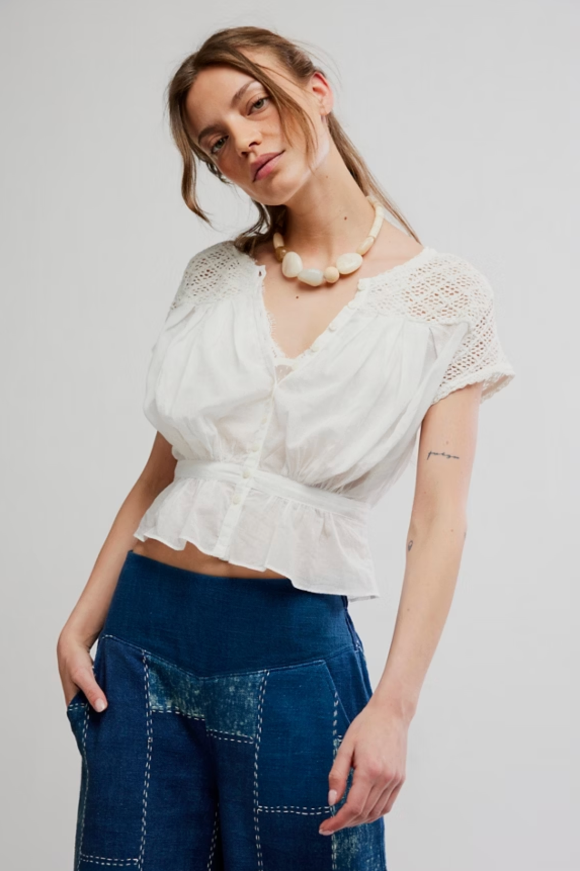 Free People Gemma Embroidered Top - Clean Ivory