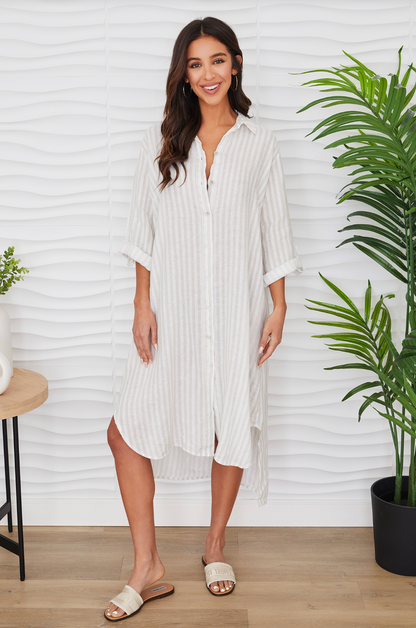 Button Down Striped Tunic Dress - White/Beige