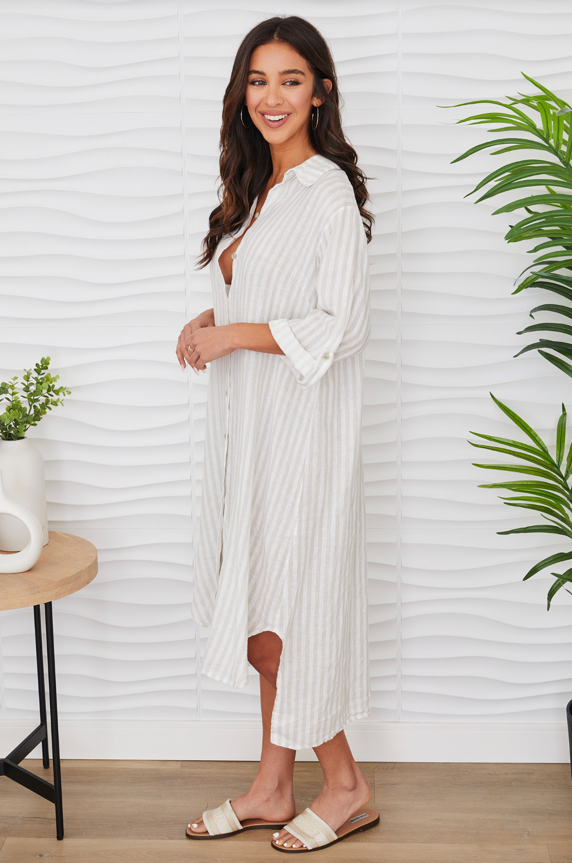 Button Down Striped Tunic Dress - White/Beige