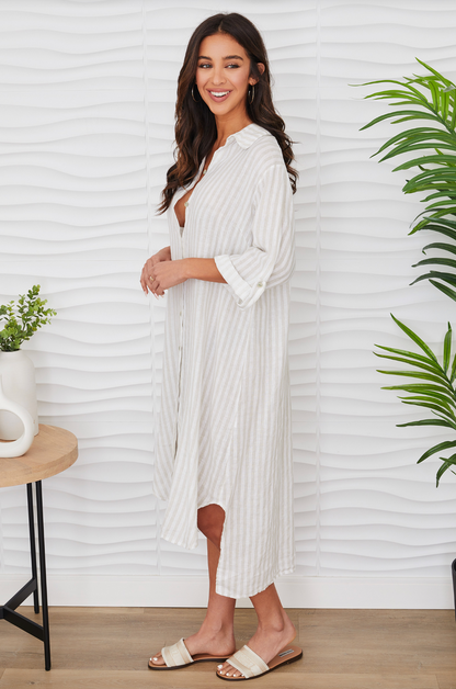 Button Down Striped Tunic Dress - White/Beige