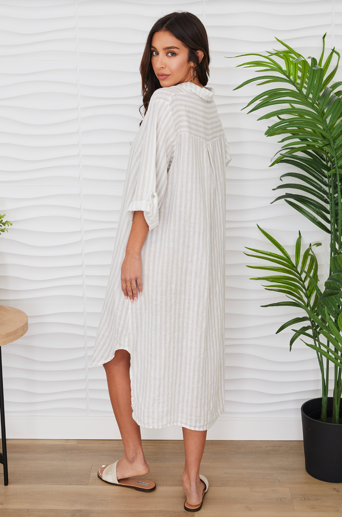 Button Down Striped Tunic Dress - White/Beige