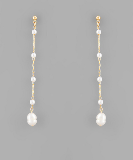 Pearl Linear Chain Earrings - Gold