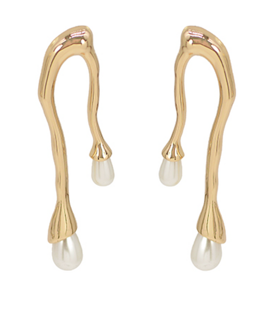 Pearl & Arched Shaped Casting Earrings - Gold