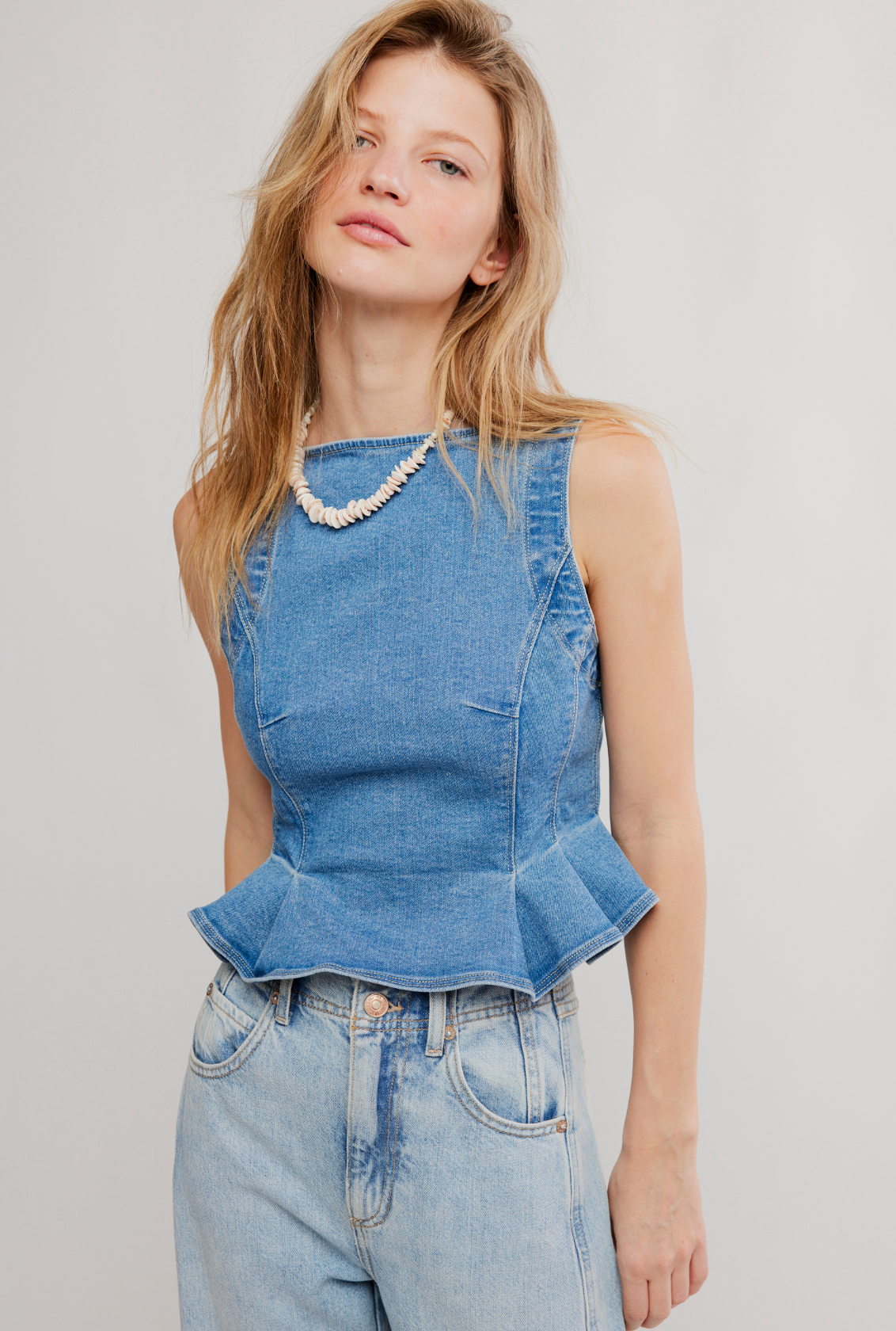 Free People Sunfaded Denim Top - Steel Blue