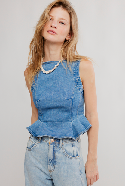 Free People Sunfaded Denim Top - Steel Blue