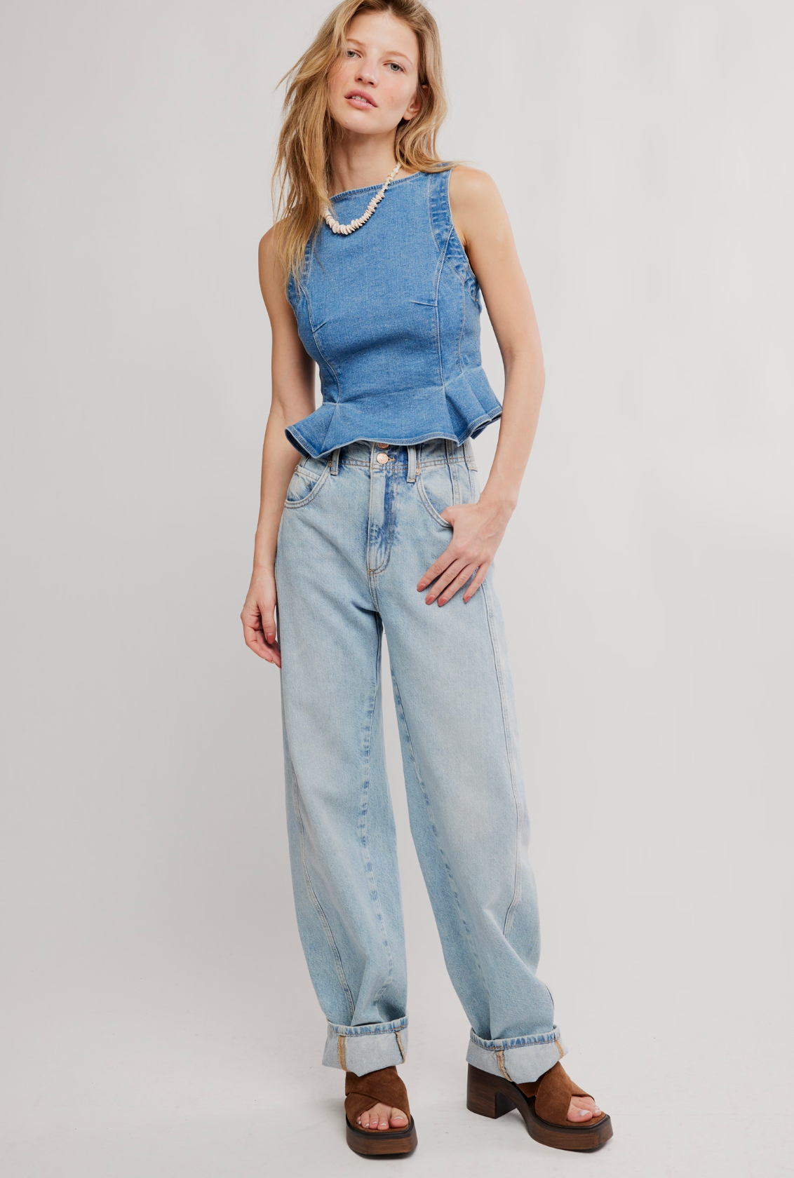 Free People Sunfaded Denim Top - Steel Blue