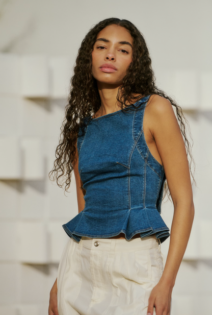 Free People Sunfaded Denim Top - Steel Blue
