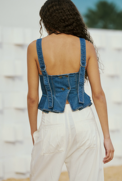 Free People Sunfaded Denim Top - Steel Blue