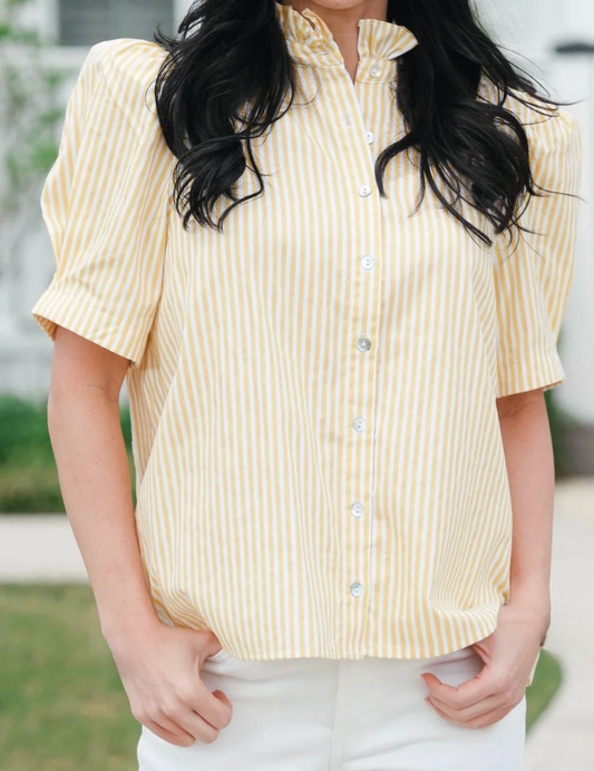 Striped Ruffled Stand Collar Top - Lemon