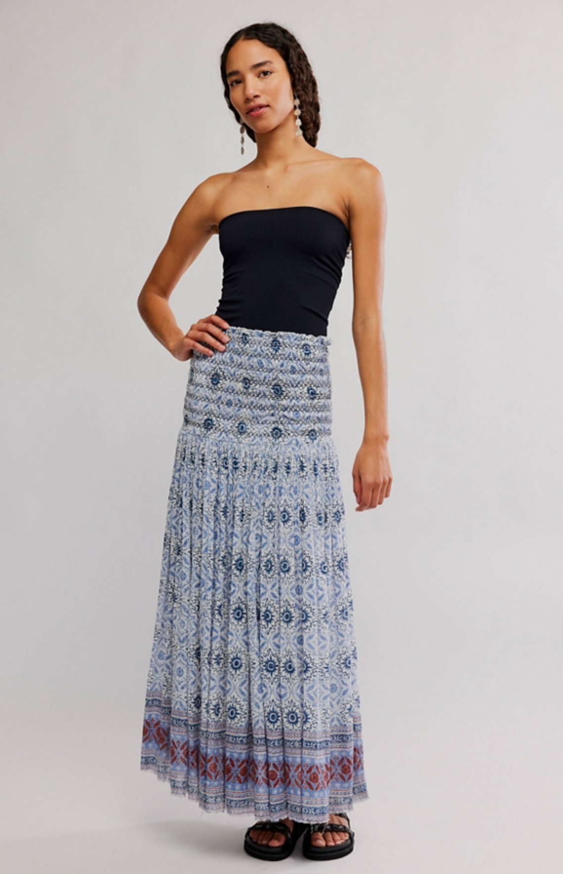 Free People Ravenna Printed Maxi Skirt/Midi Dress - Bluebird Combo