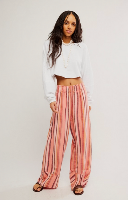 Free People Days End Solar Linen Stripe Pants - Soft Coral Combo