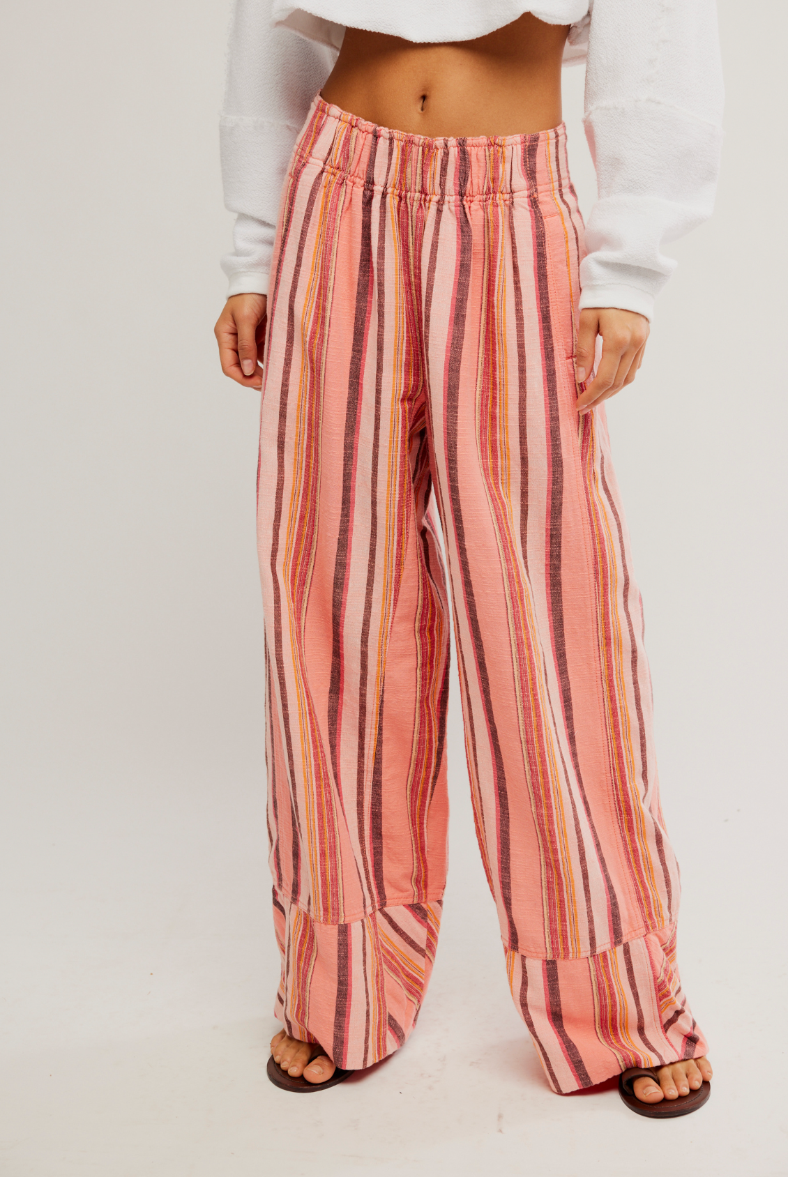 Free People Days End Solar Linen Stripe Pants - Soft Coral Combo