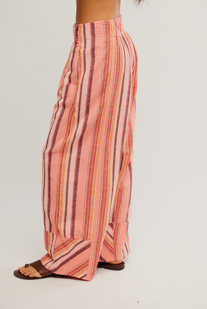 Free People Days End Solar Linen Stripe Pants - Soft Coral Combo