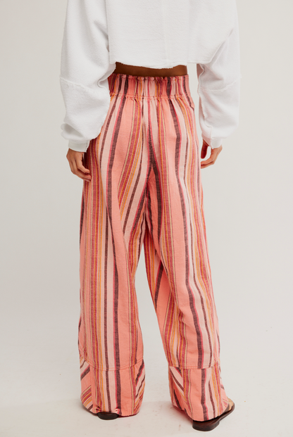 Free People Days End Solar Linen Stripe Pants - Soft Coral Combo