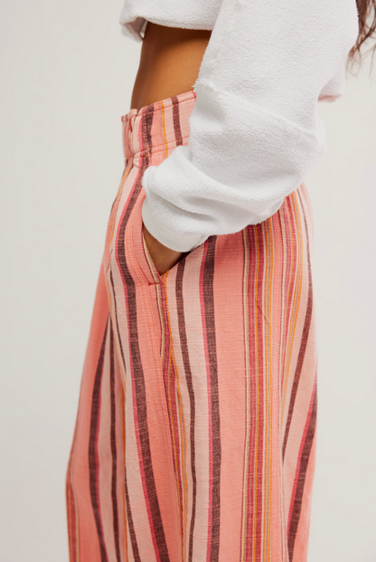 Free People Days End Solar Linen Stripe Pants - Soft Coral Combo