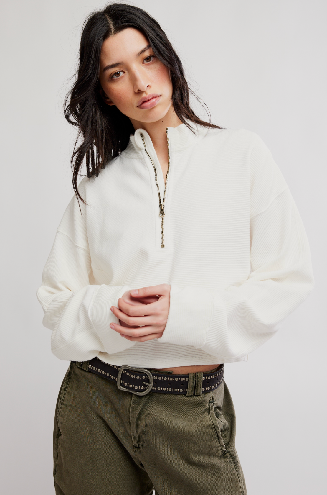 Free People Celeste Quarter Zip Top - Clean Ivory