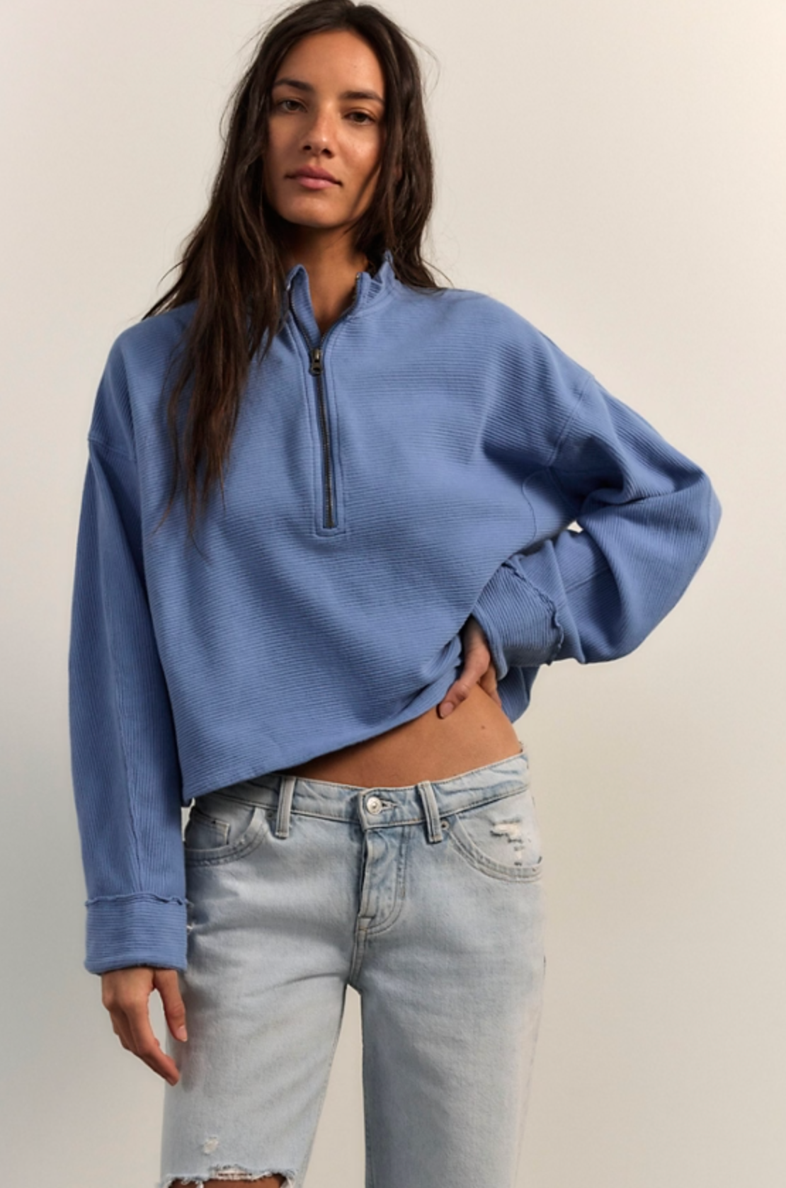 Free People Celeste Quarter Zip Top - Bluebell