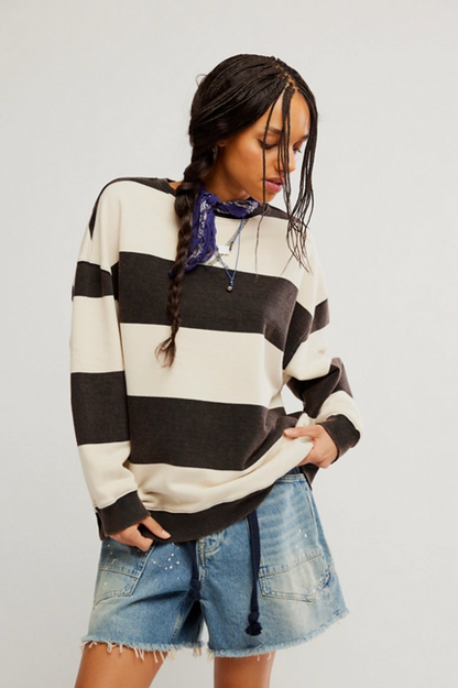 Free People Classic Stripe Crew Sweatshirt - Black Combo