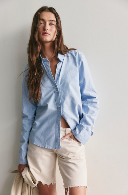 Free People Benny Slim Oxford Top - Blue Combo