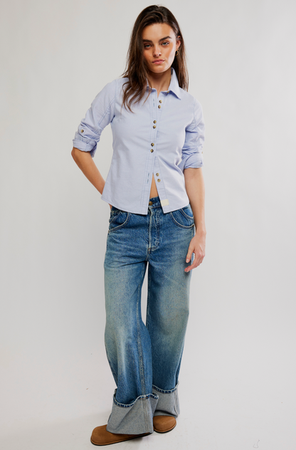 Free People Benny Slim Oxford Top - Blue Combo