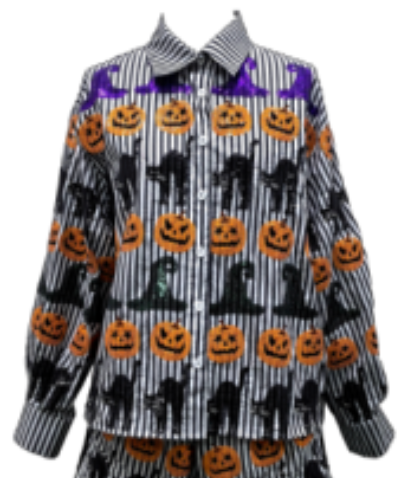 Queen of Sparkles Black & White Striped Witch Hat, Pumpkin & Cat Icon Cotton Button Up Top