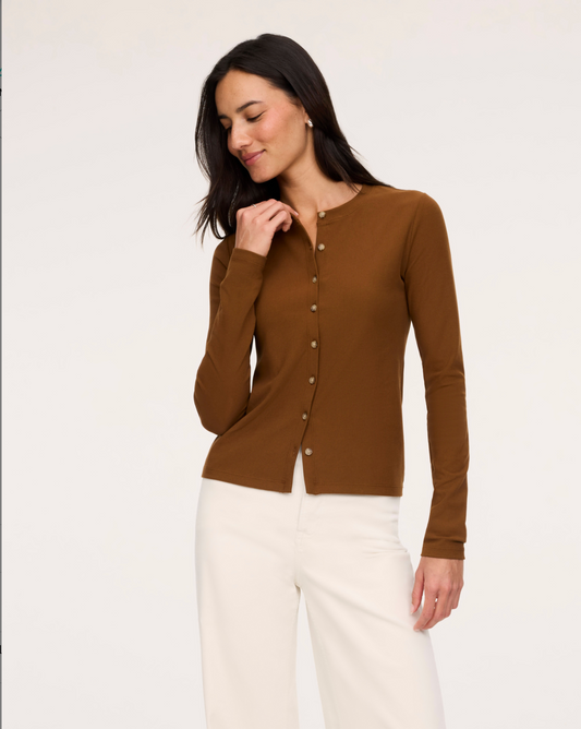 Spanx Ribbed Knit Crewneck Cardigan Sweater - Brandy
