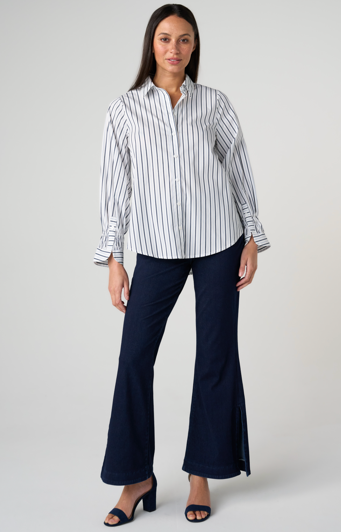 Adjustable Sleeve Button Front Top - White Club Navy