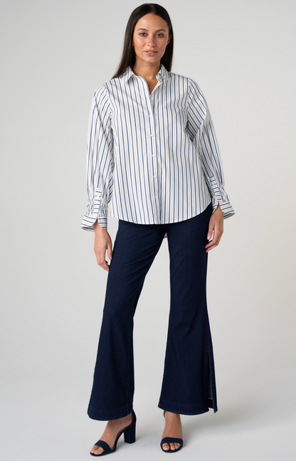 Adjustable Sleeve Button Front Top - White Club Navy